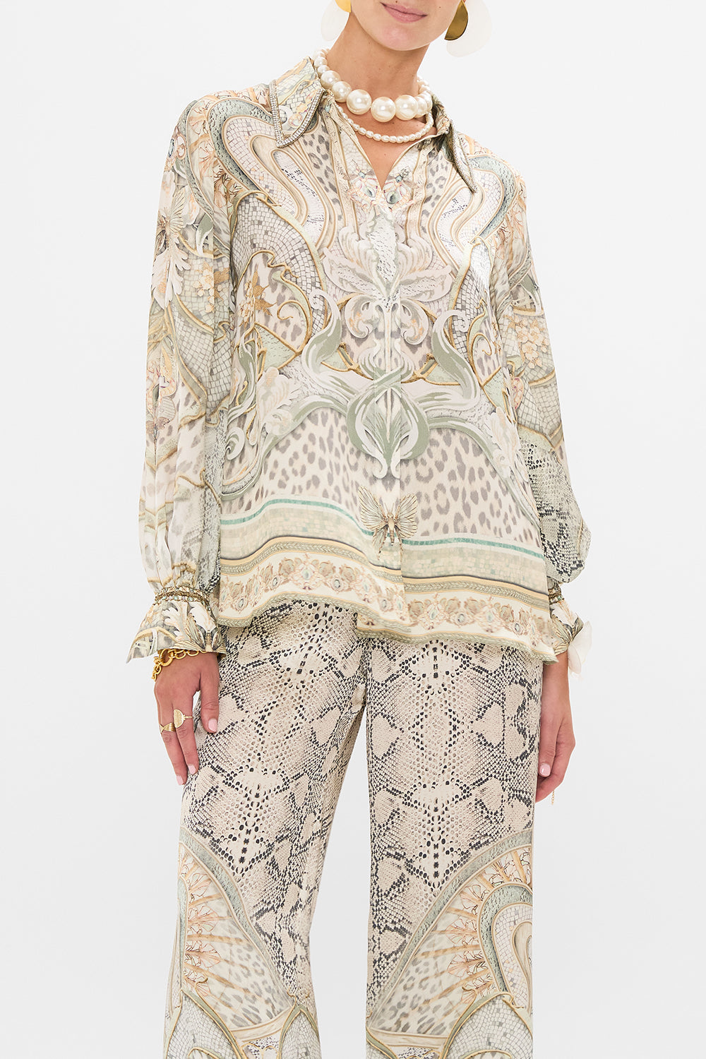 CAMILLA silk blouse in Ivory Tower tales print