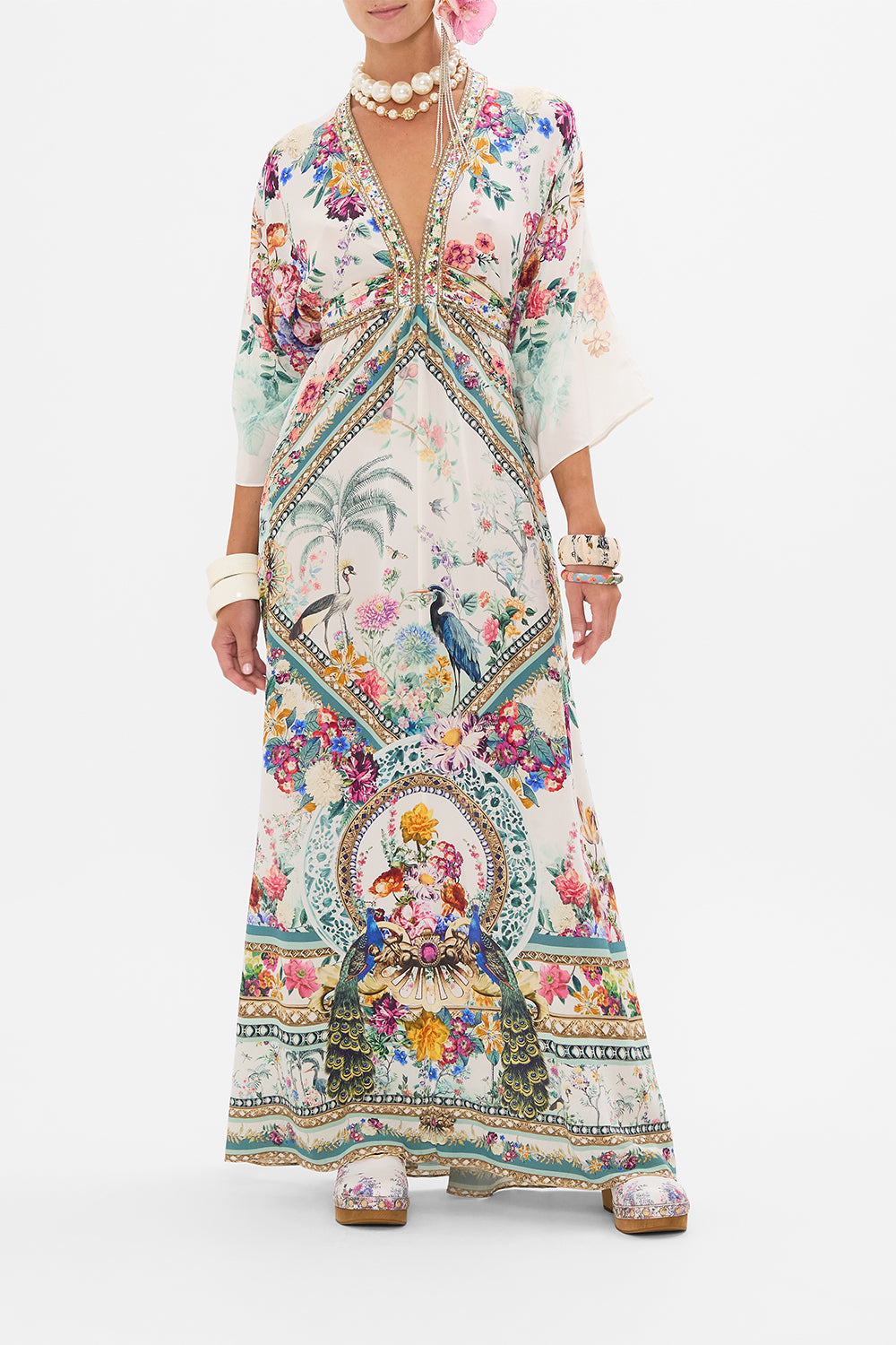 CAMILLA silk kaftan in Plumes and Parterres print