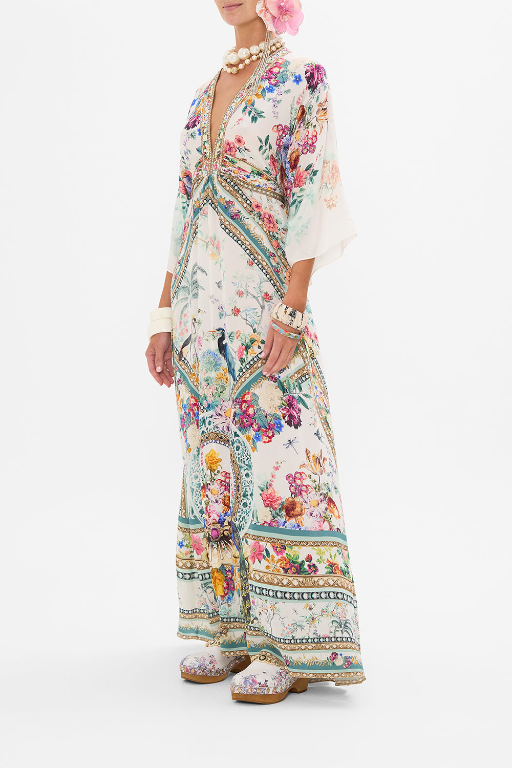 CAMILLA silk kaftan in Plumes and Parterres print
