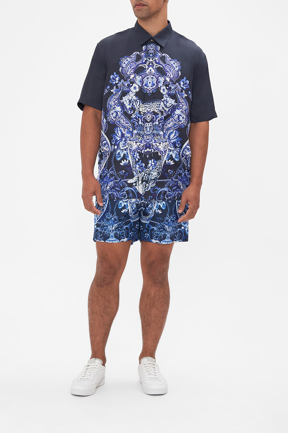 Front view of model wearing Hotel Franks by CAMILLA mens silk shirt in delft Dynasty print