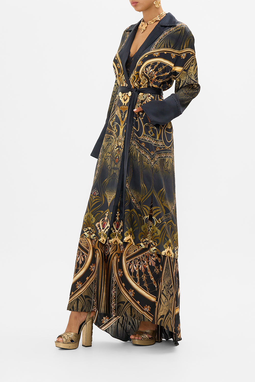 CAMILLA split cuff coat in Nouveau Noir print