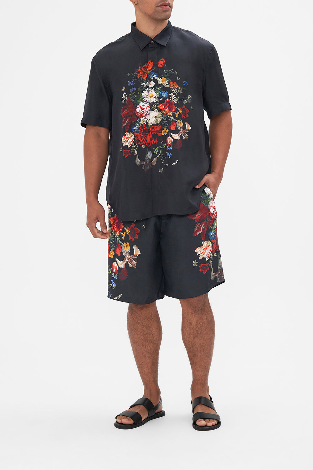 Hotel Franks by CAMILLA mens black floral print silk shirt in A Still Life print