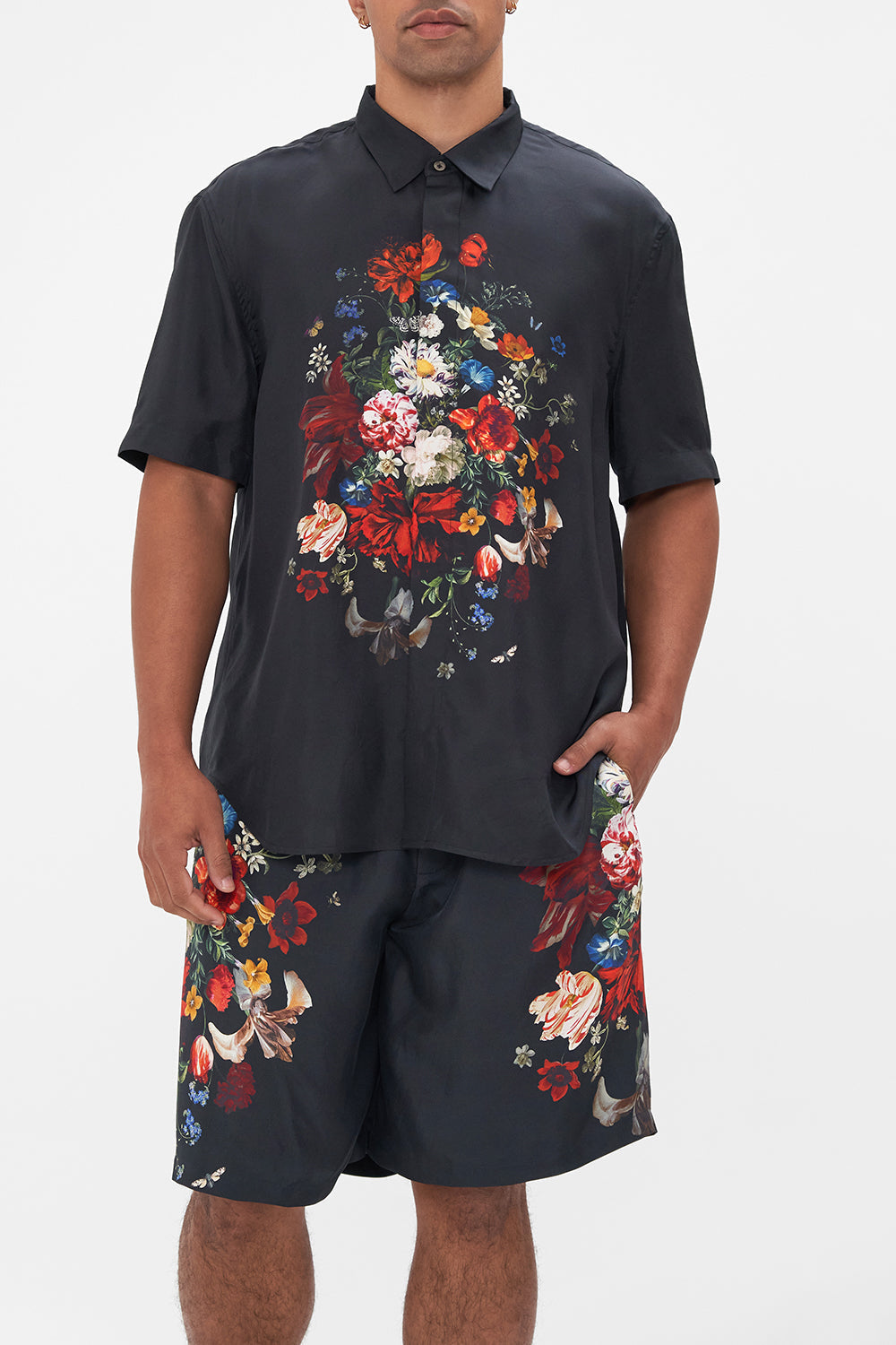 Hotel Franks by CAMILLA mens black floral print silk shirt in A Still Life print