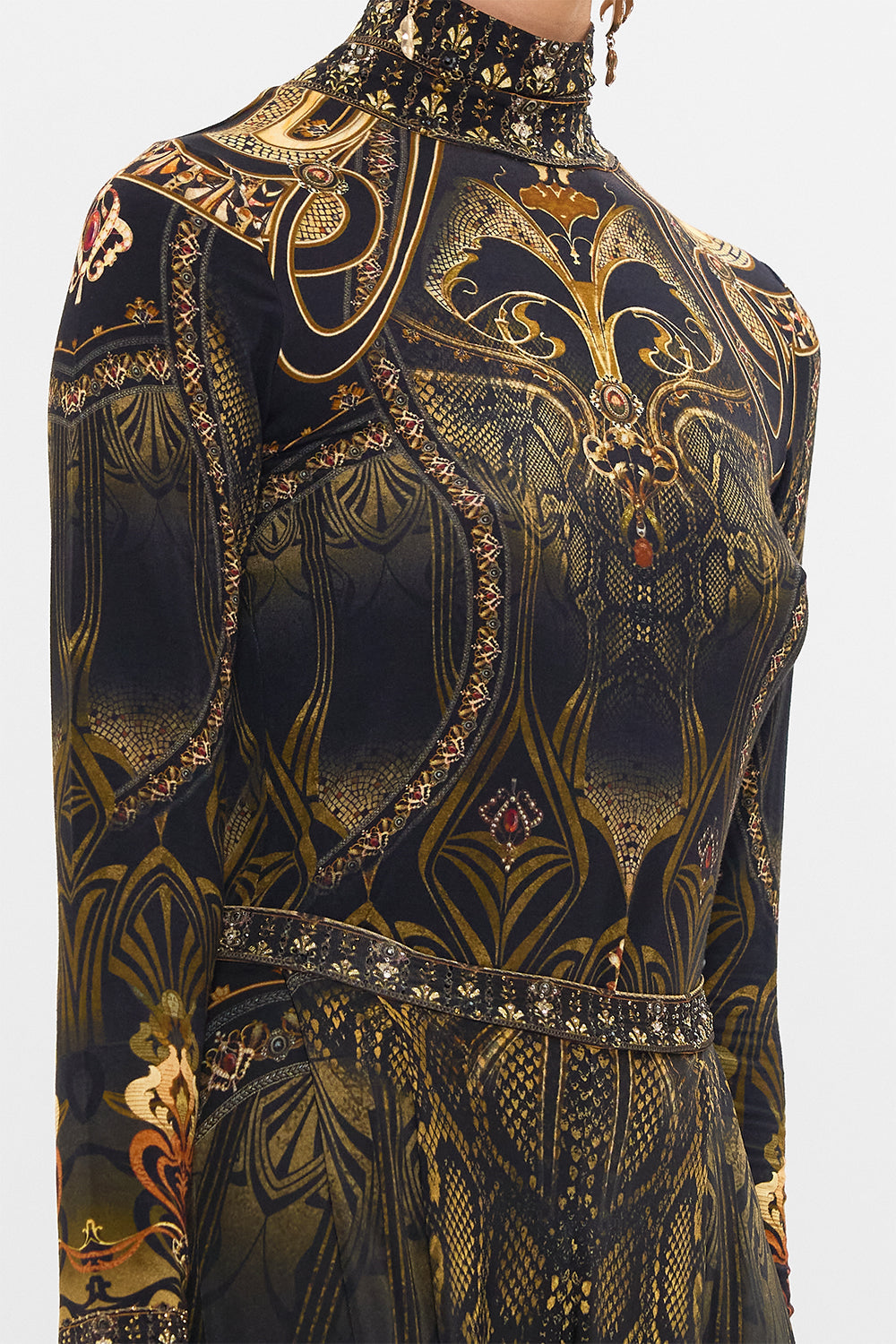 CAMILLA jersey turtleneck in Nouveau Noir print