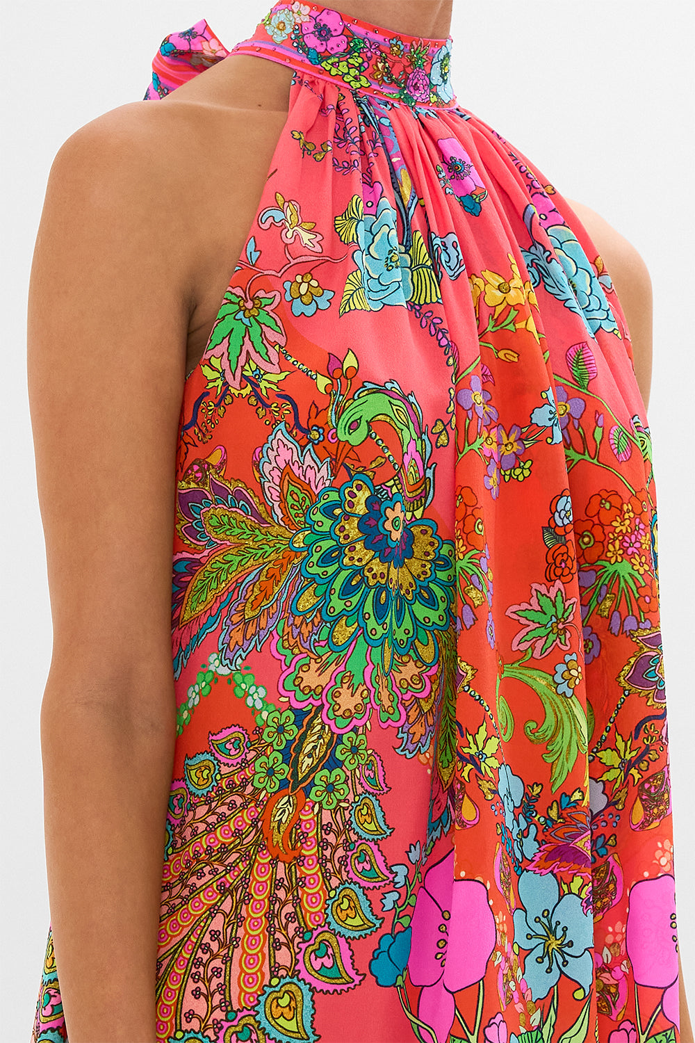 CAMILLA Pink Tie Neck Mini Dress in Windmills and Wildflowers