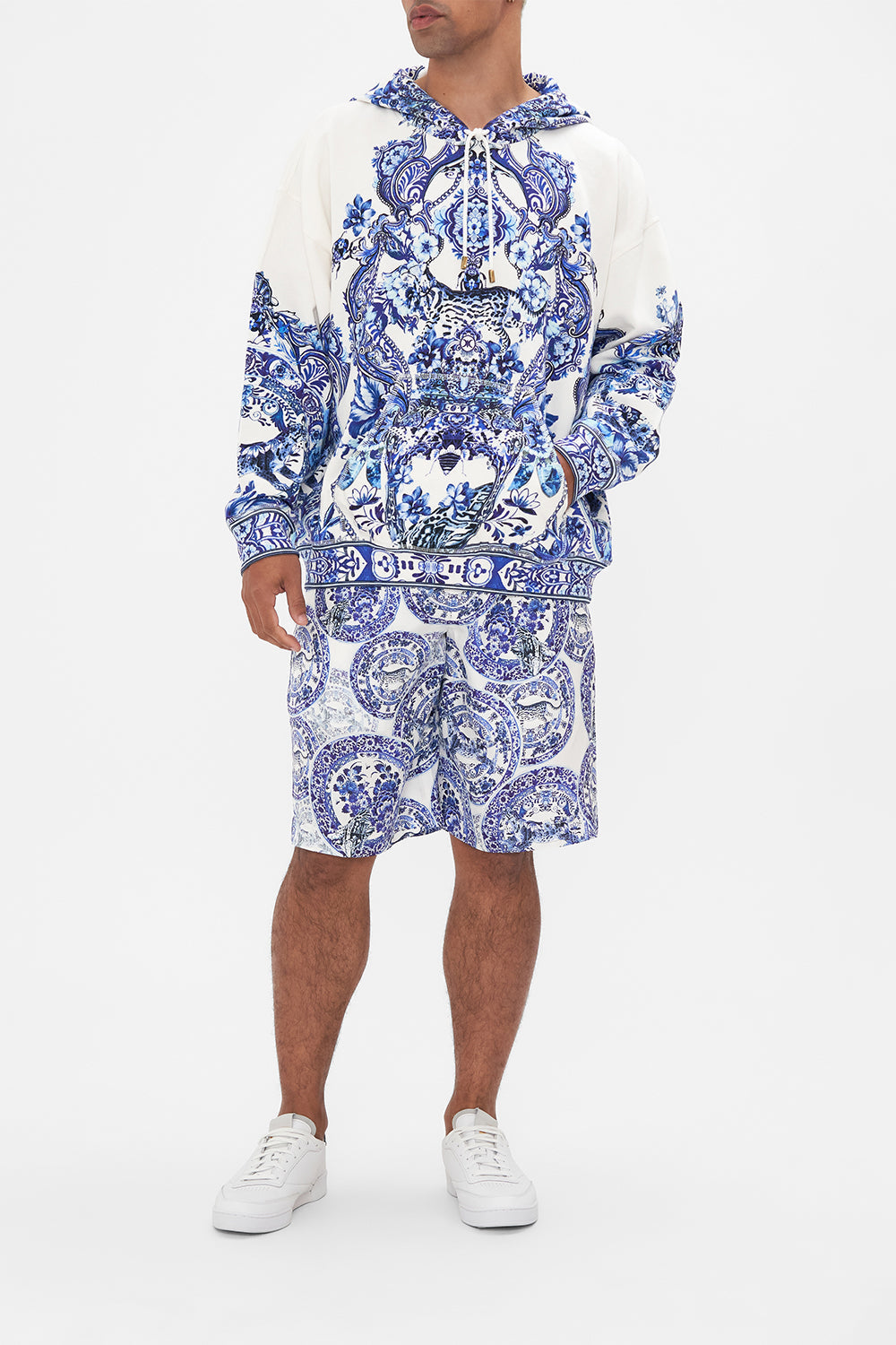 Front view of model wearing Hotel Franks by CAMILLA mens oversized hoodie in Glaze and Graze print