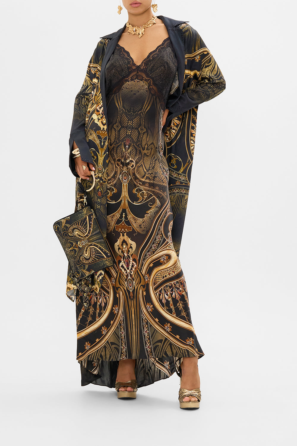 CAMILLA silk clutch in Nouveau Noir print