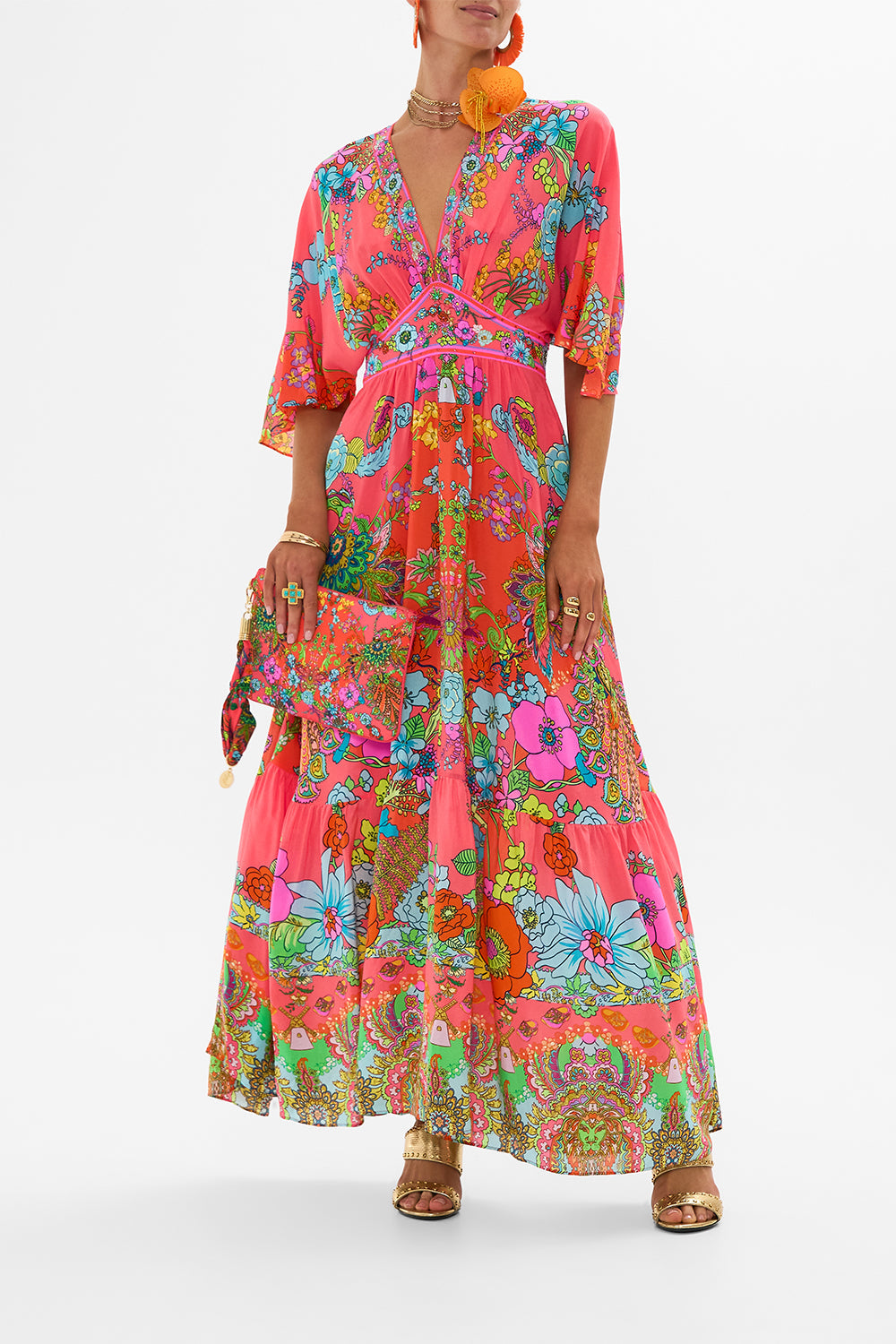 CAMILLA pink scarf clutch in Windmills and Wildflowers