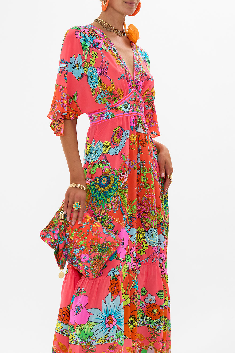 CAMILLA pink scarf clutch in Windmills and Wildflowers