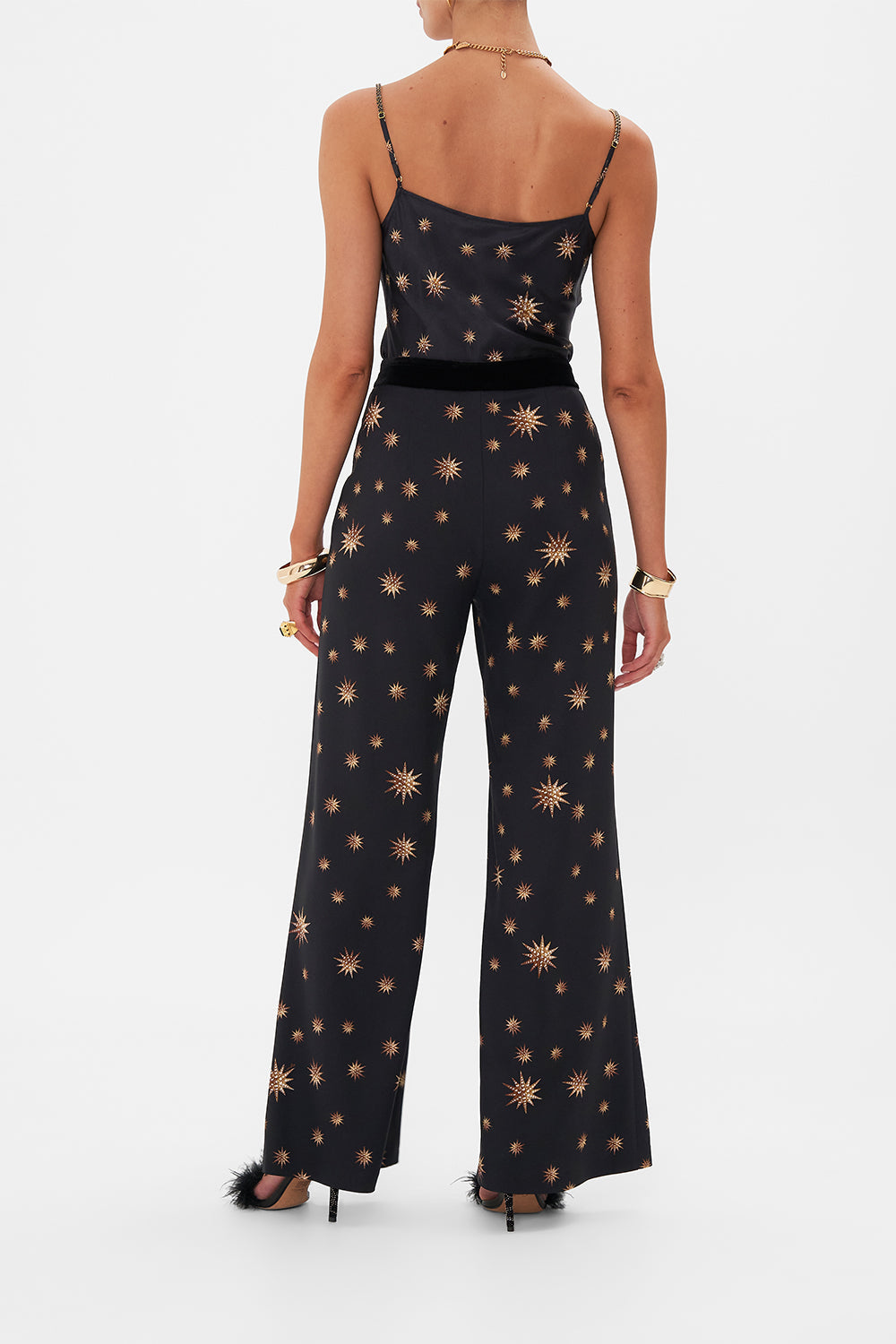 Back view of model wearing CAMILLA silk cami top in Soul of A Stargazer print