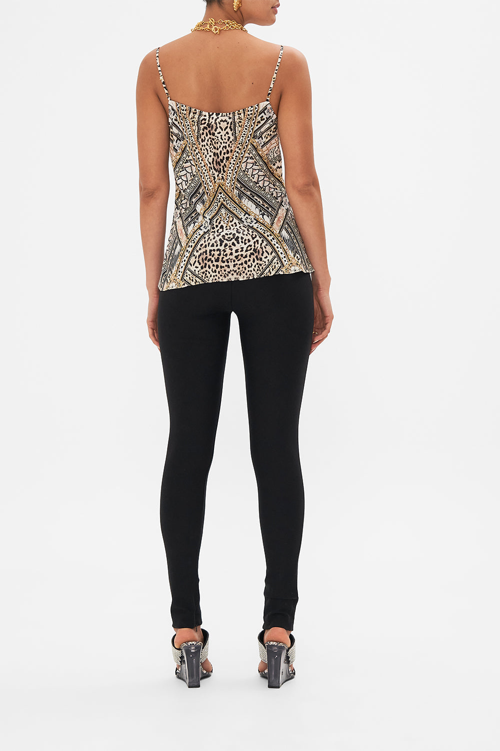 Back view of model wearing CAMILLA silk cami top in Mosaic Muse