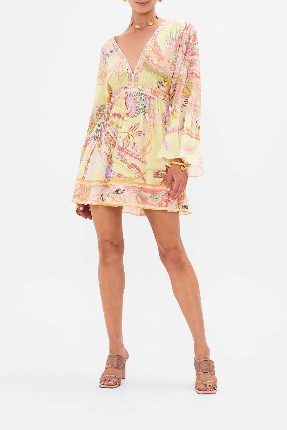 Front view of model wearing CAMILLA silk kimono mini dress in Cosmic Tuscan print