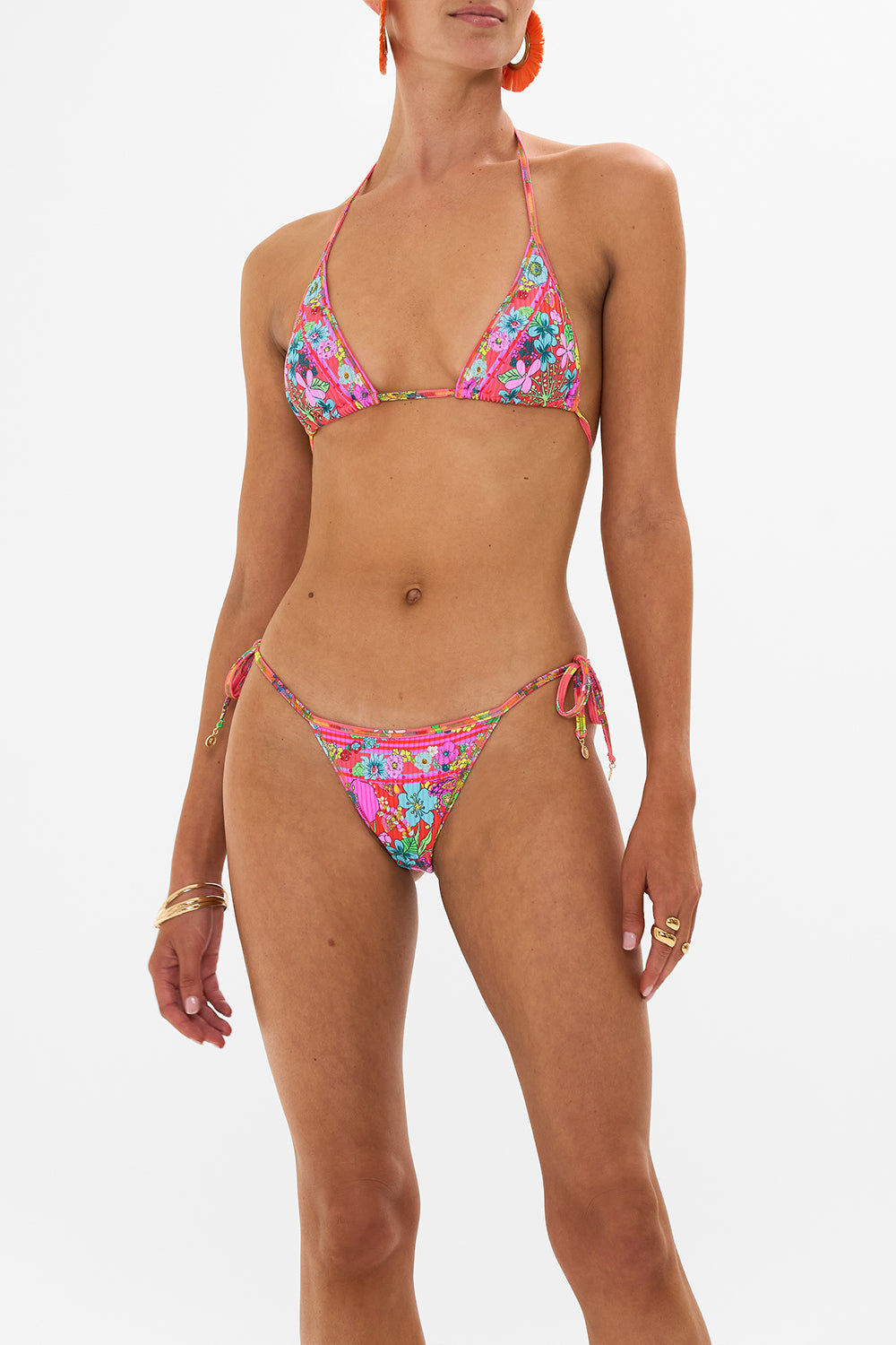 CAMILLA pink tri bra bikini with multicolor stitch in Windmills and Wildflowers