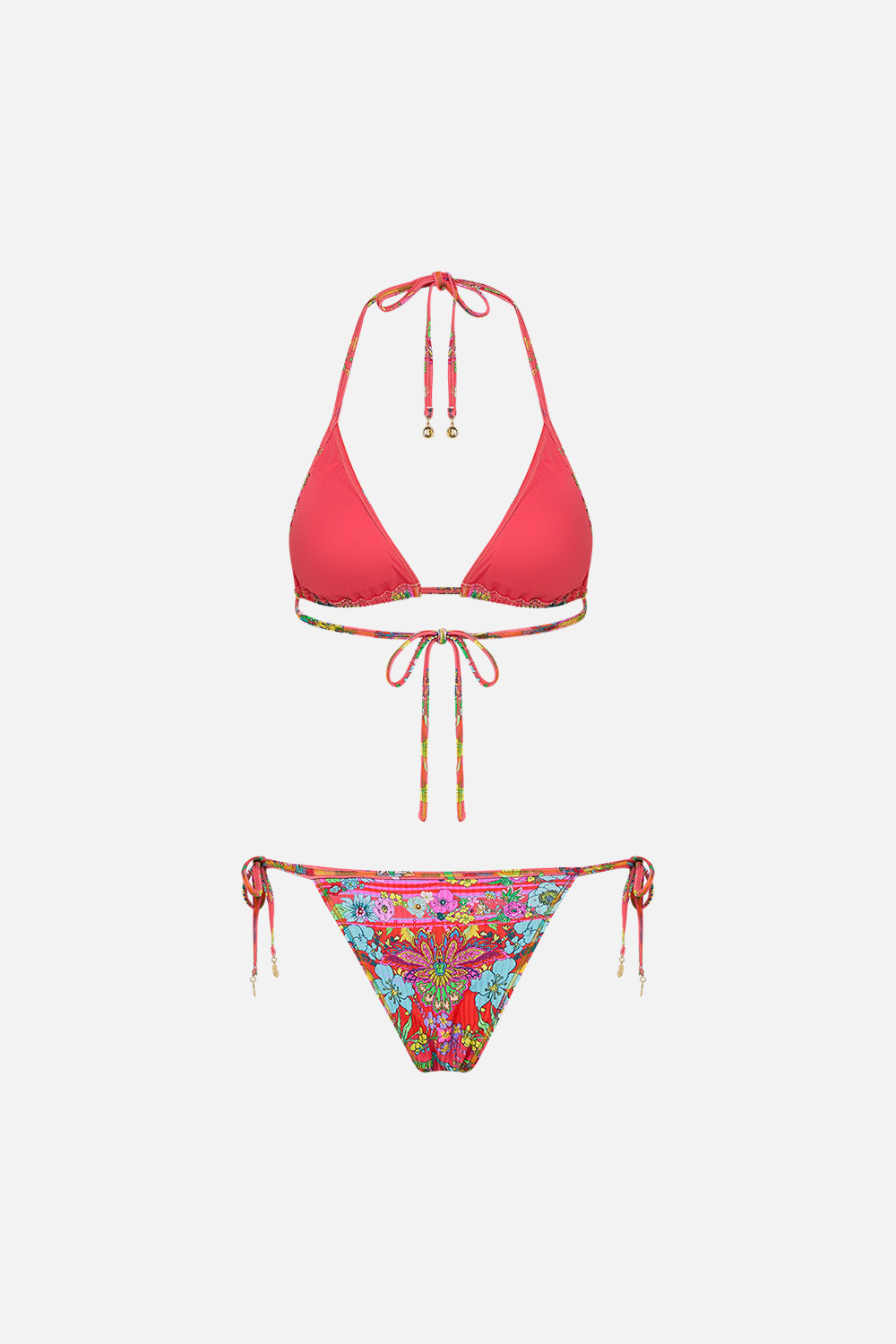 CAMILLA pink tri bra bikini with multicolor stitch in Windmills and Wildflowers
