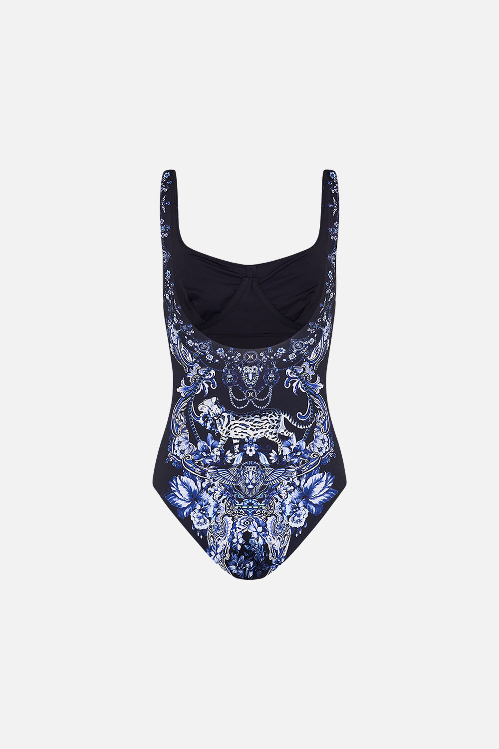 Back view of CAMILLA womens one piece swimsuit in Delft Dynasty print