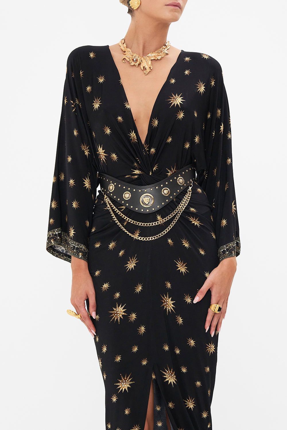 Crop view of model wearing CAMILLA jersey dress in Soul Of A Stargazer print