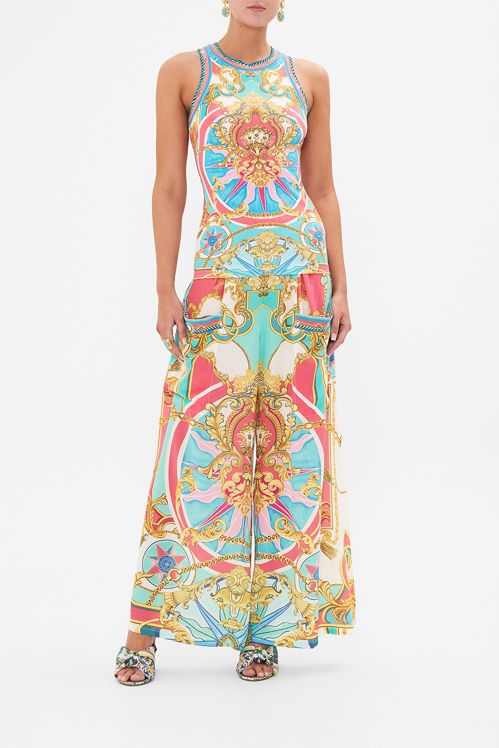 Front view of model wearing CAMILLA jersey tank top in Sail Away With Me print