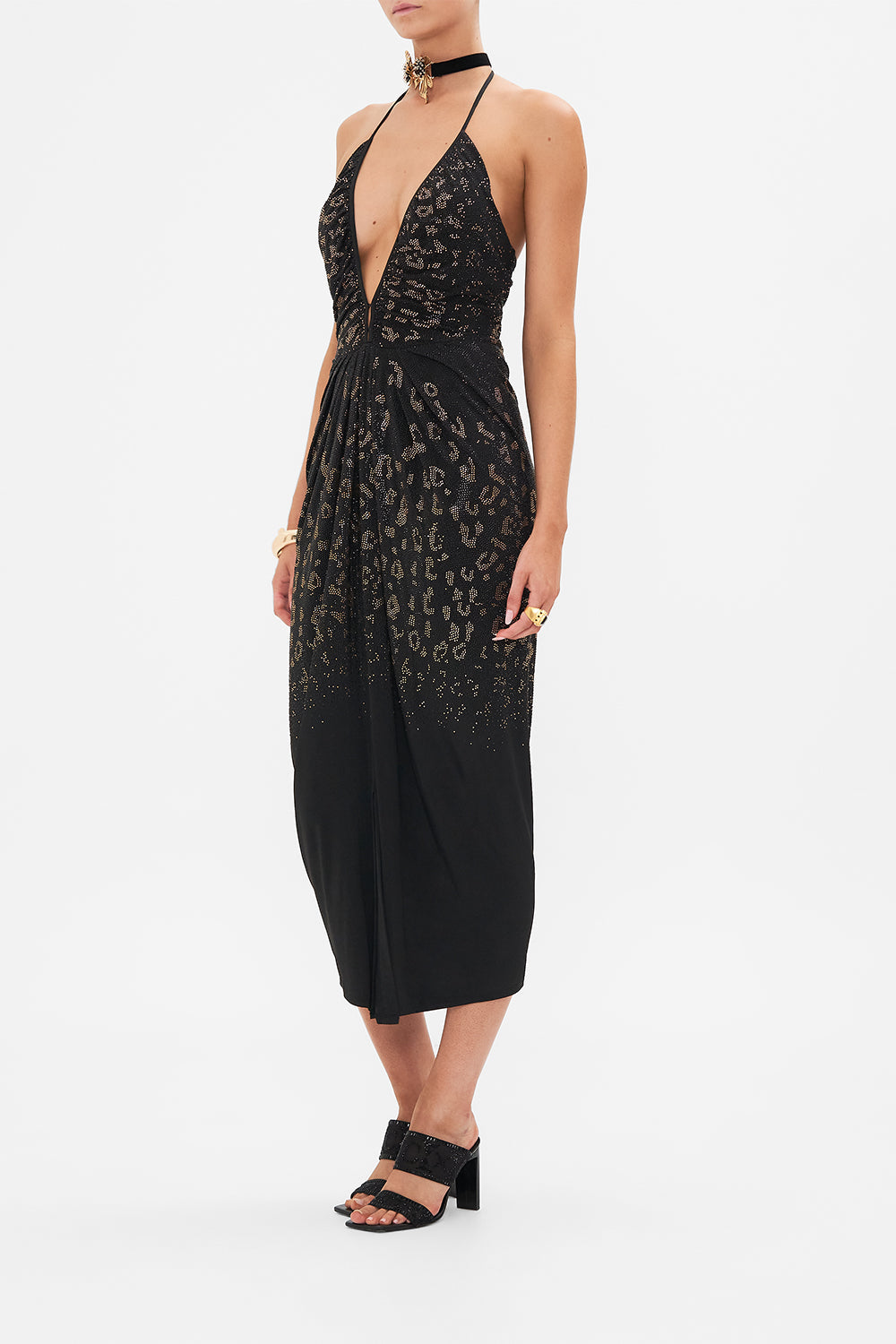 Side view of model wearing CAMILLA black jersey dress in Mosaic Muse