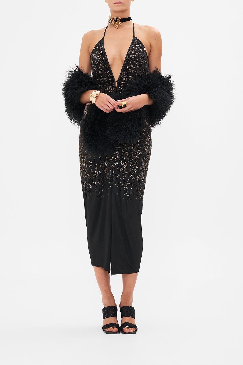 Style view of model wearing CAMILLA black jersey dress in Mosaic Muse