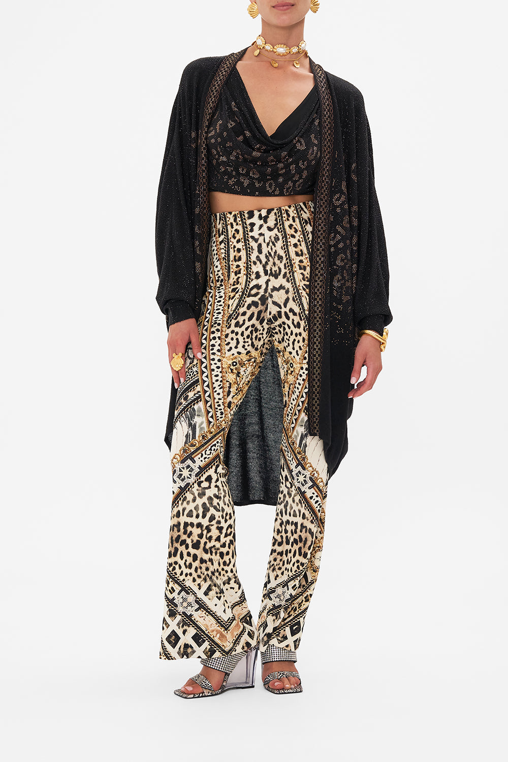 Front view of model wearing CAMILLA knit cardigan in Mosaic Muse