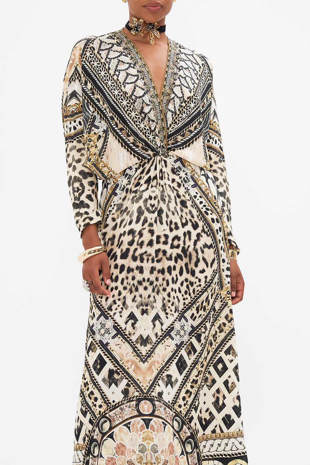 Crop view of model wearing CAMILLA silk batwing dress in Mosiac Muse print