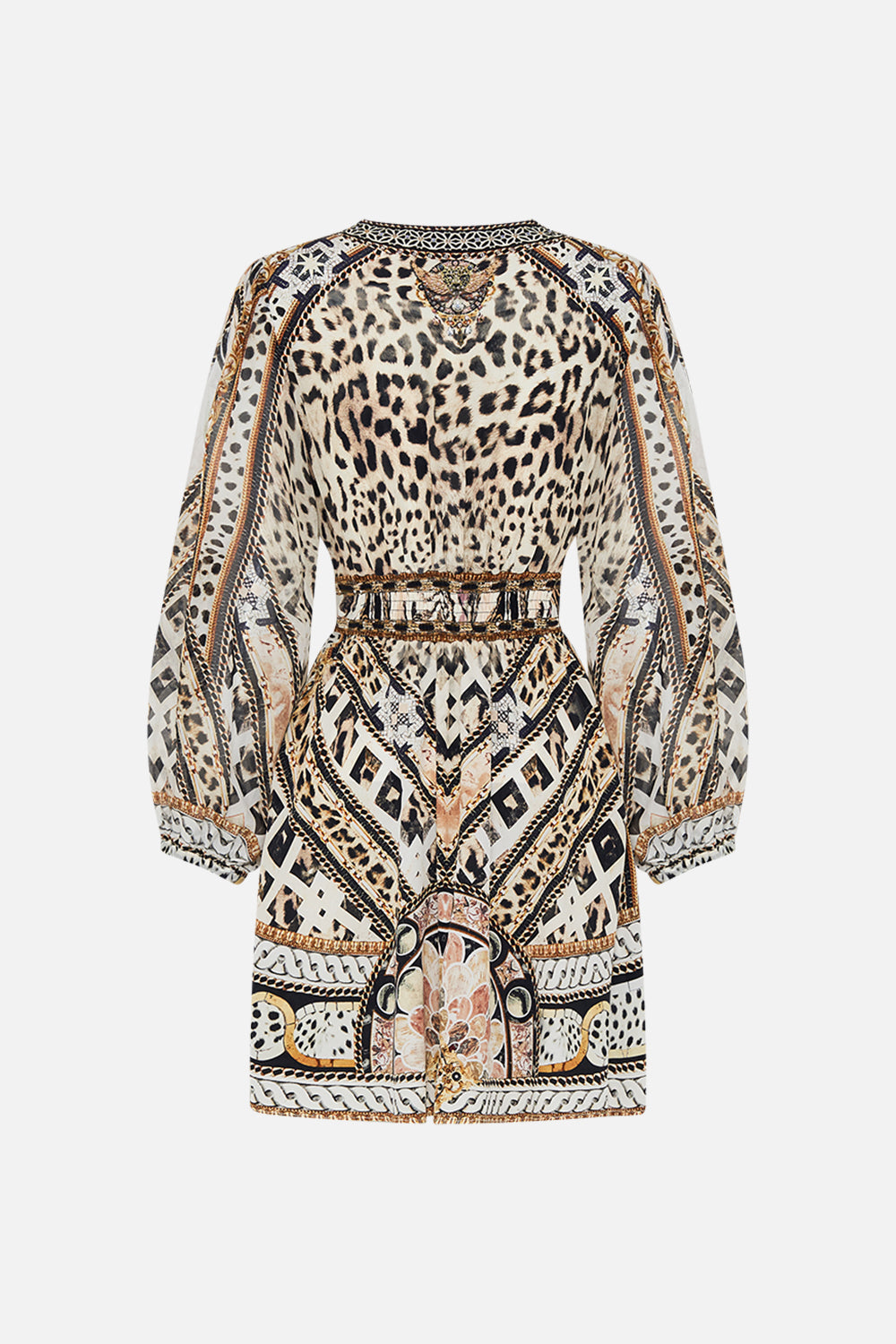 Style view of model wearing CAMILLA silk mini dress in Mosaic Muse animal print