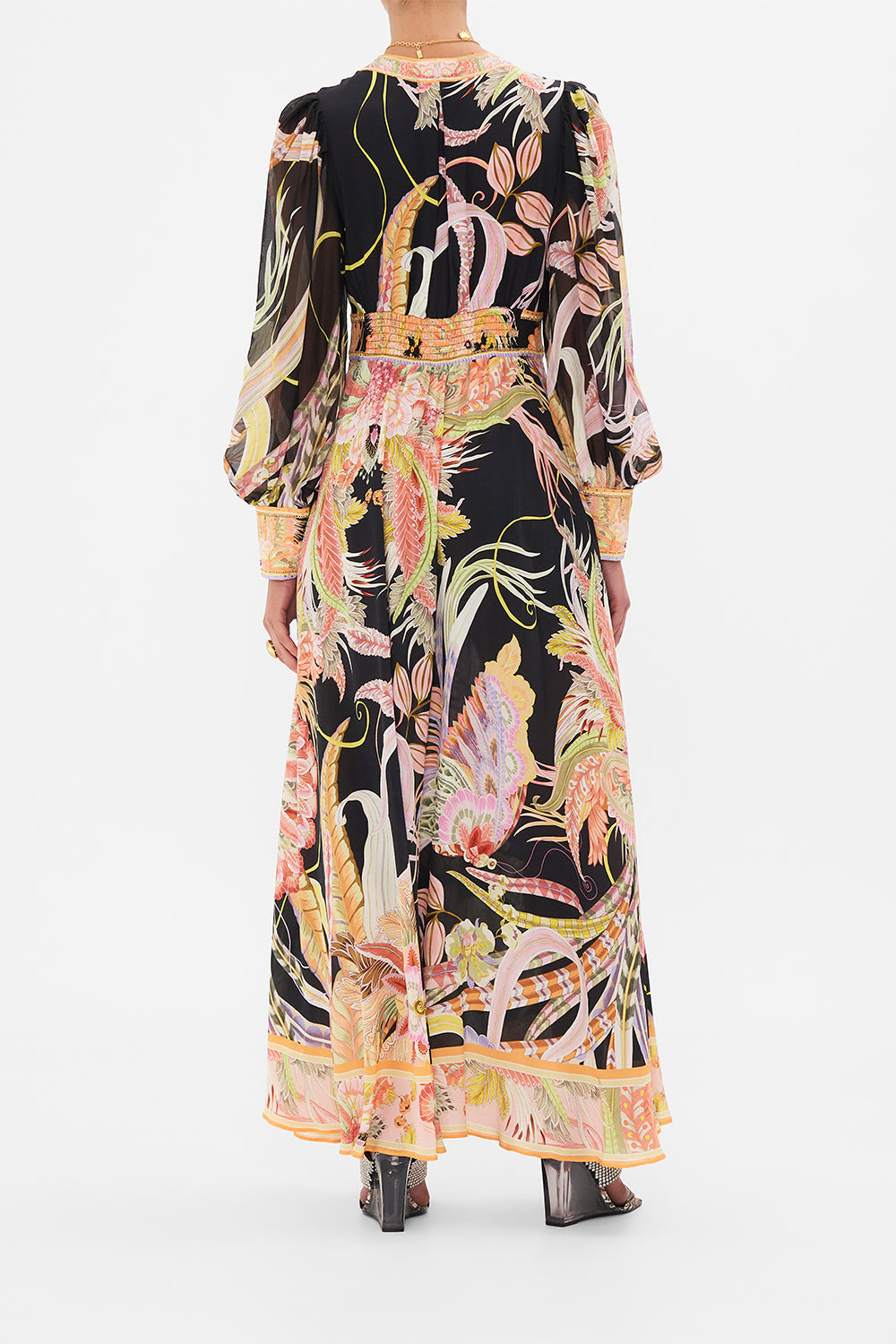 Back view of model wearing CAMILLA designer silk dress in Lady Of The Moon print