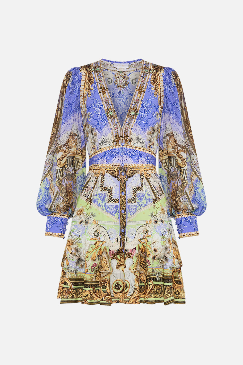 CAMILLA silk frill drfess in Guilded Pleasures print