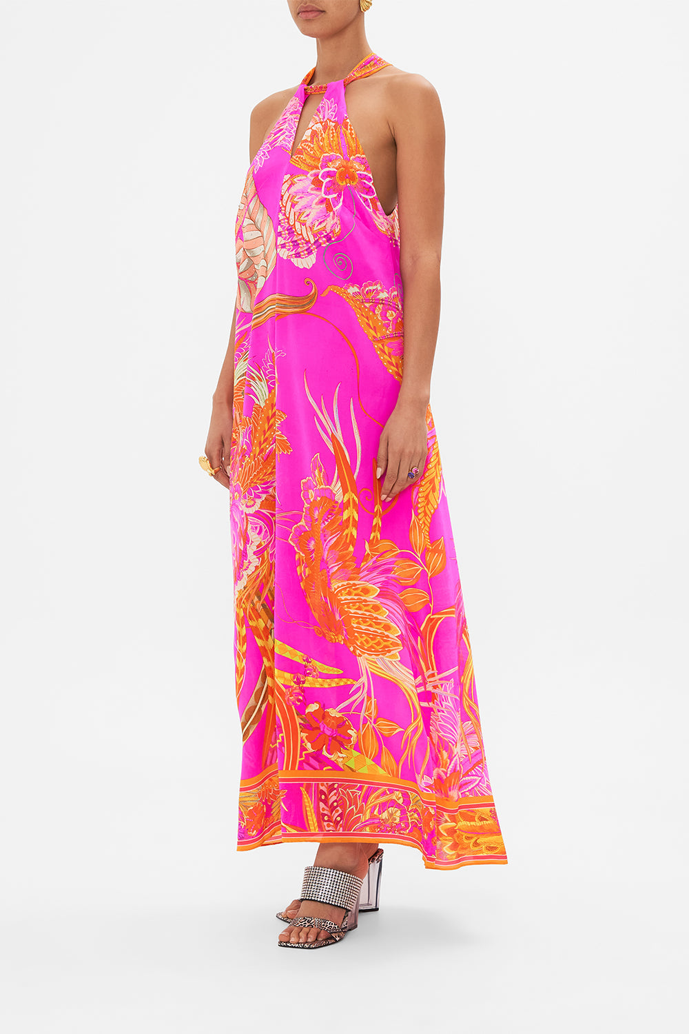 Side view of model wearing CAMILLA silk neck tie dress in A Heart That Flutters print