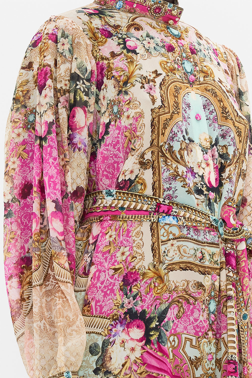 Detail view of model wearing CAMILLA pink shirt dress in Call Of The Canal print