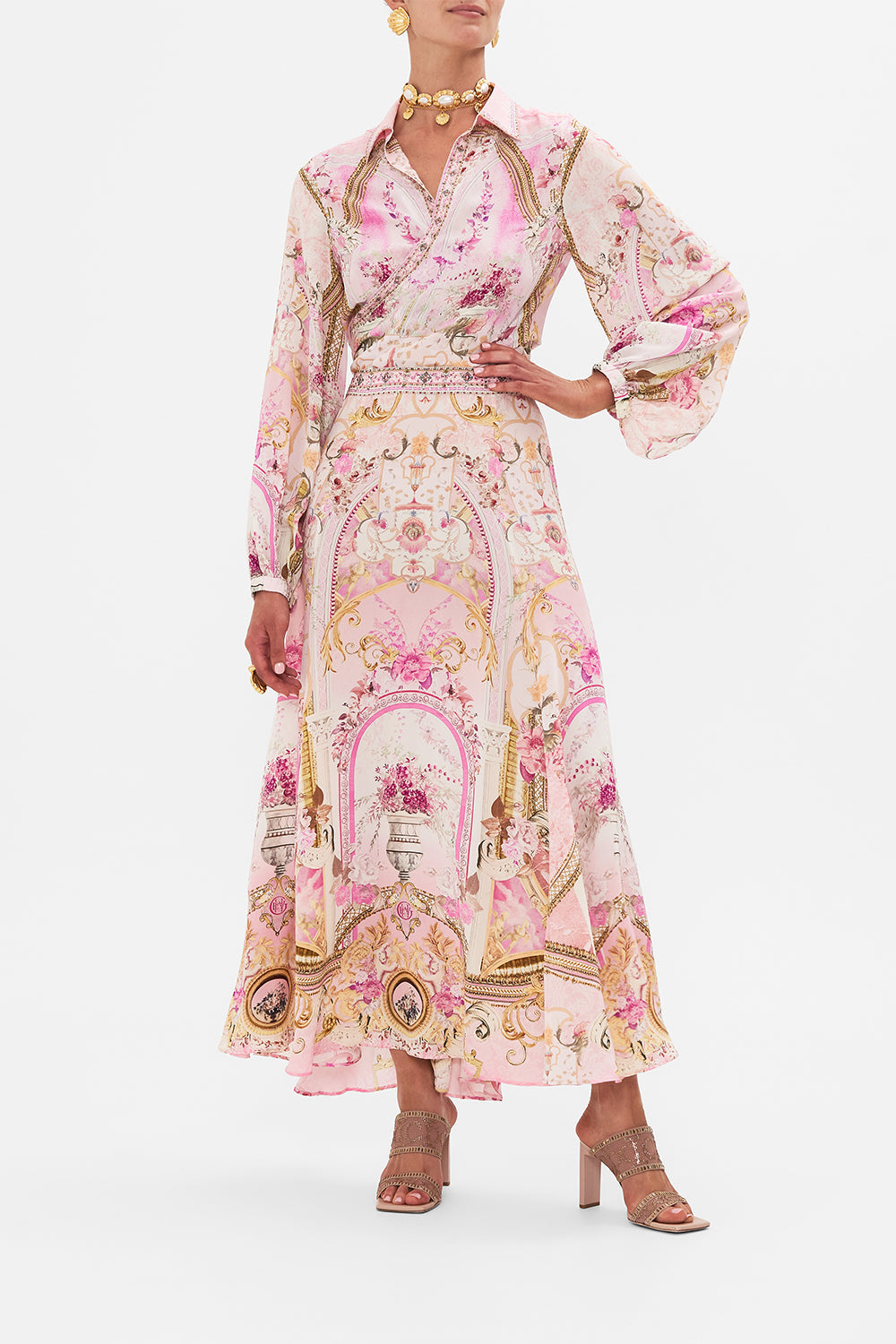 Front view of model wearing CAMILLA pink maxi skirt in Fresco Fairytale print
