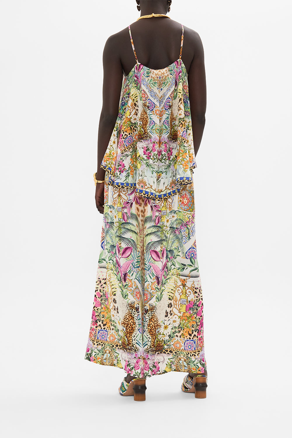 Back view of model wearing CAMILLA floral halter top in Flowers Of Neptune print