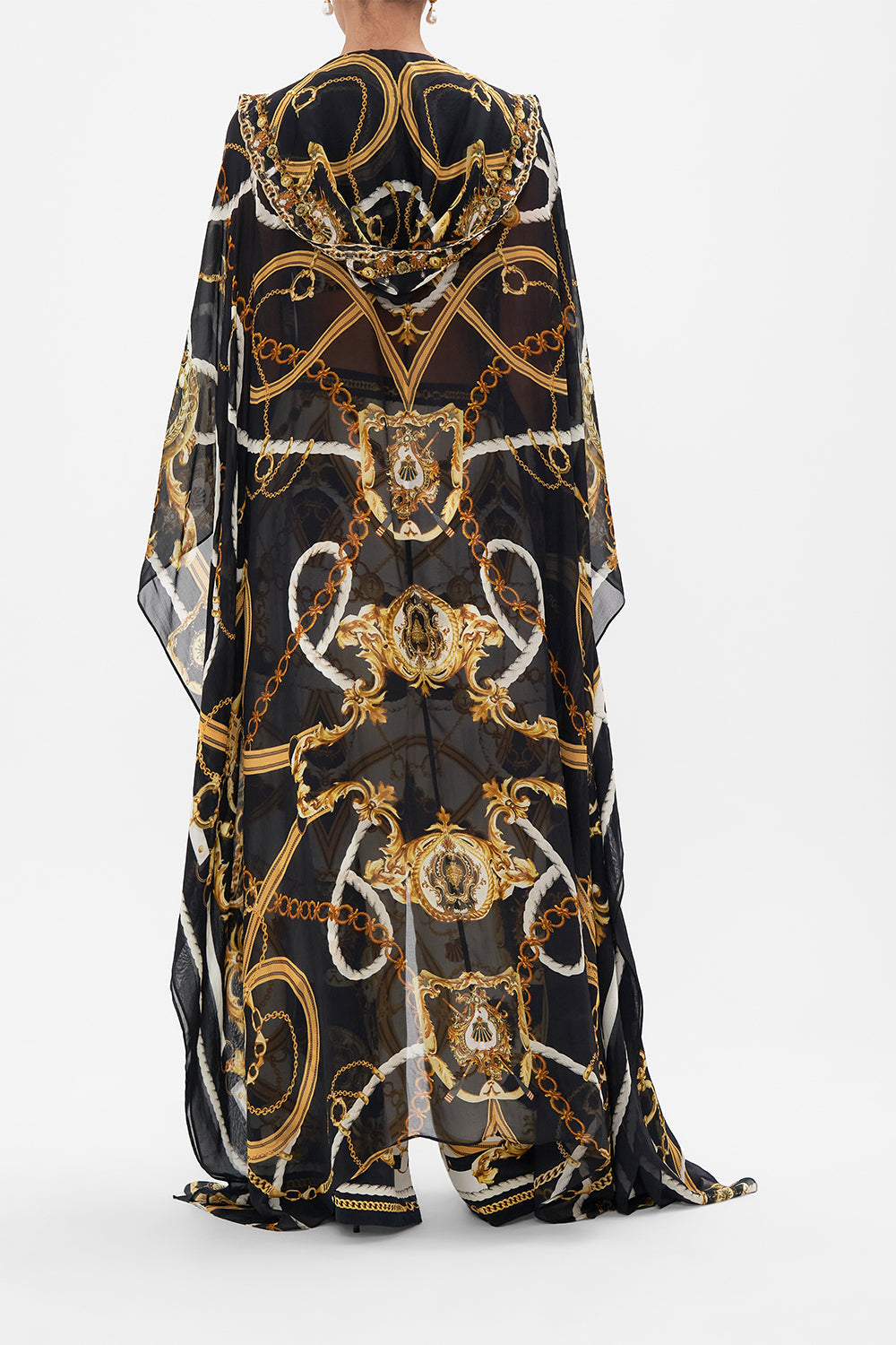 Back view of model wearing CAMILLA silk robe in Coast To Coast print