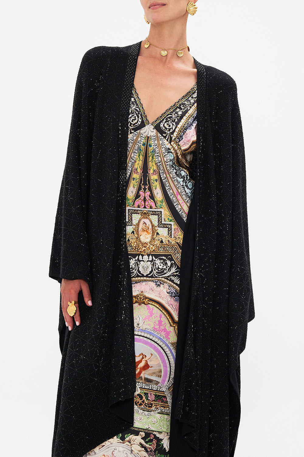 Crop view of model wearing CAMILLA emebllished layer in Florence Field Day