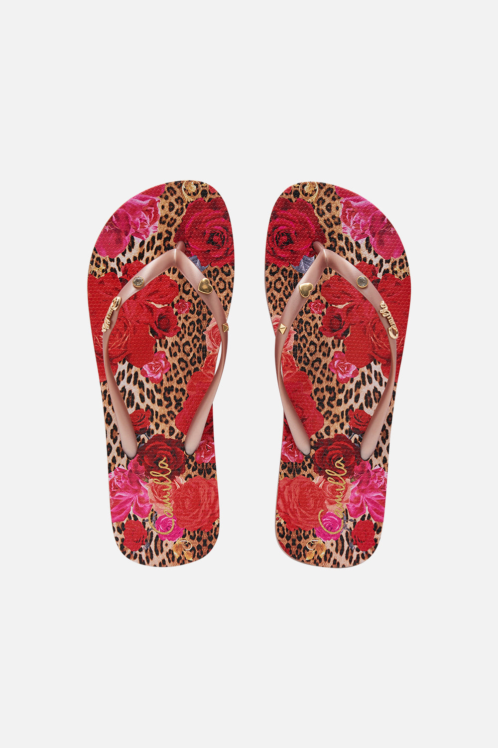 Product view of CAMILLA floral print thongs in Heart Like A Wildflower print