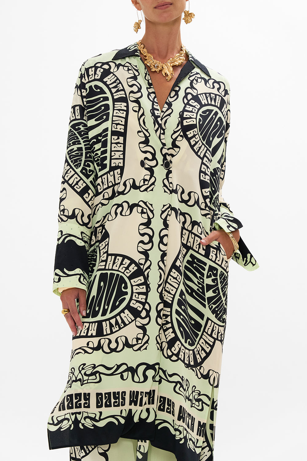 CAMILLA split cuff coat in Double Dutch print
