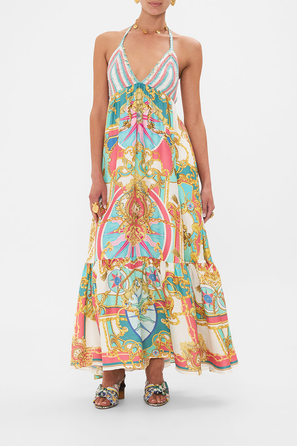 Front view of model wearing CAMILLA maxi dress in Sail Away With Me print