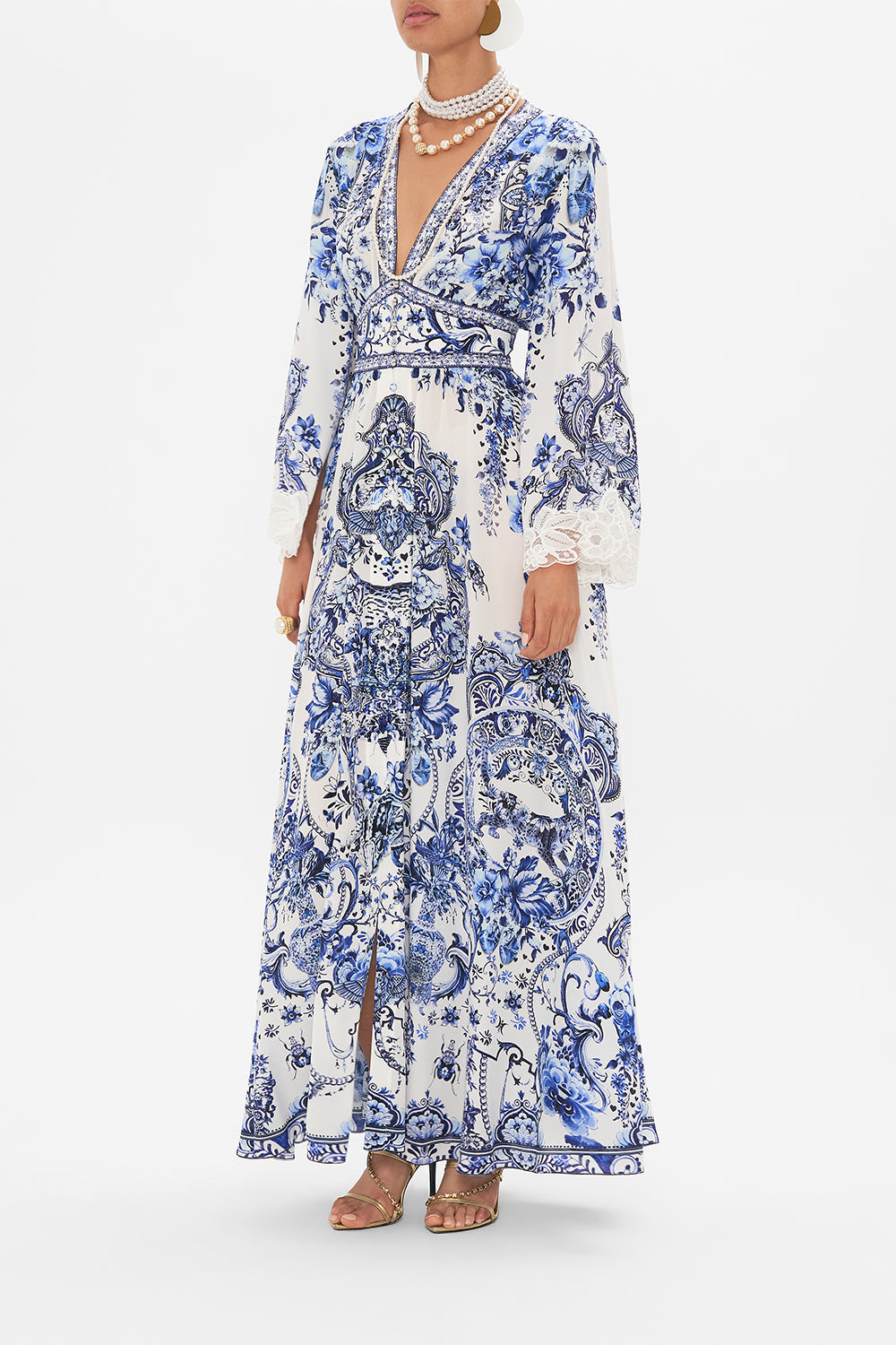 Side view of model wearing CAMILLA silk maxi dress in Glaze and Graze print