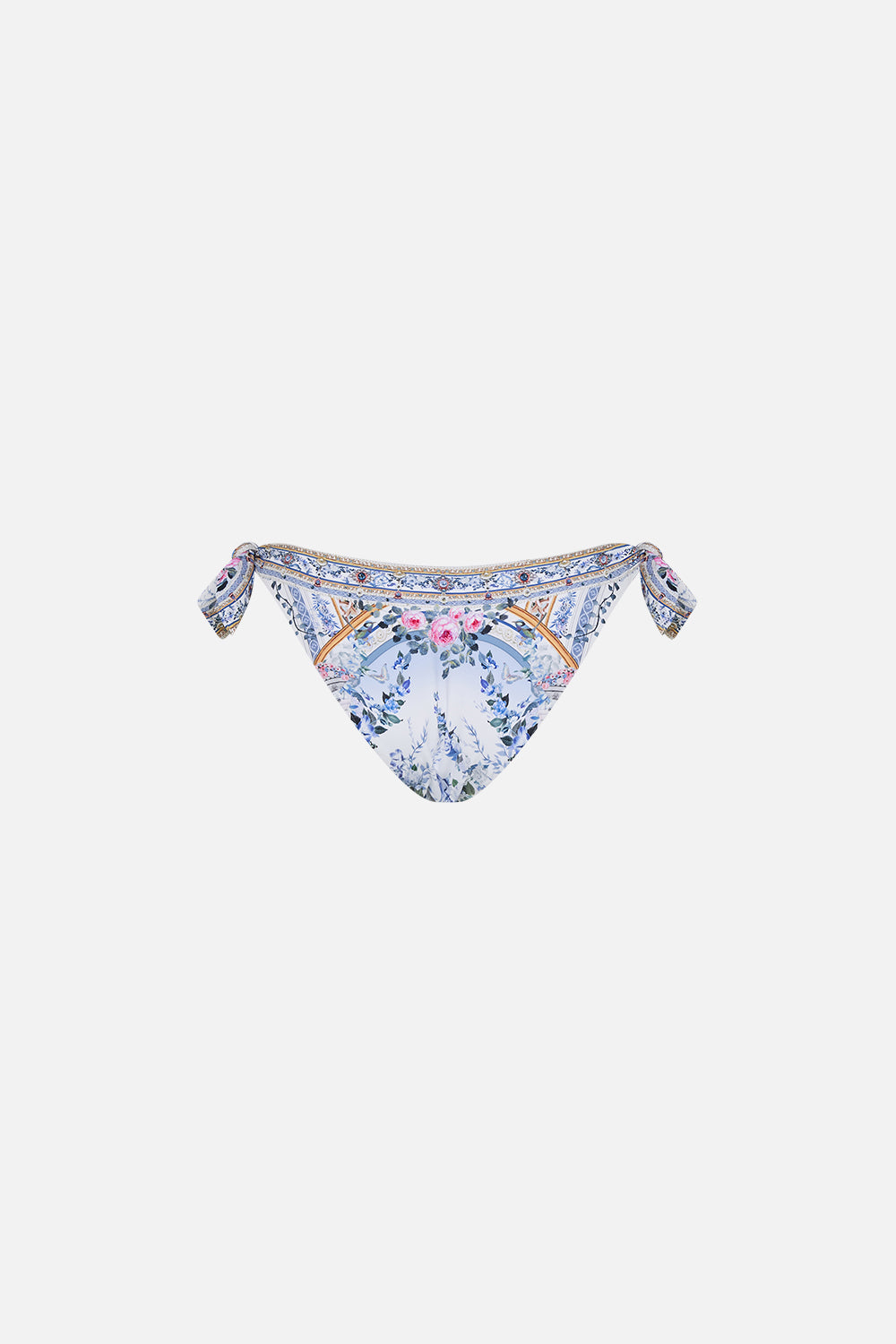 Detail view of model wearing CAMILLA silk pants in Season Odf The Siren print