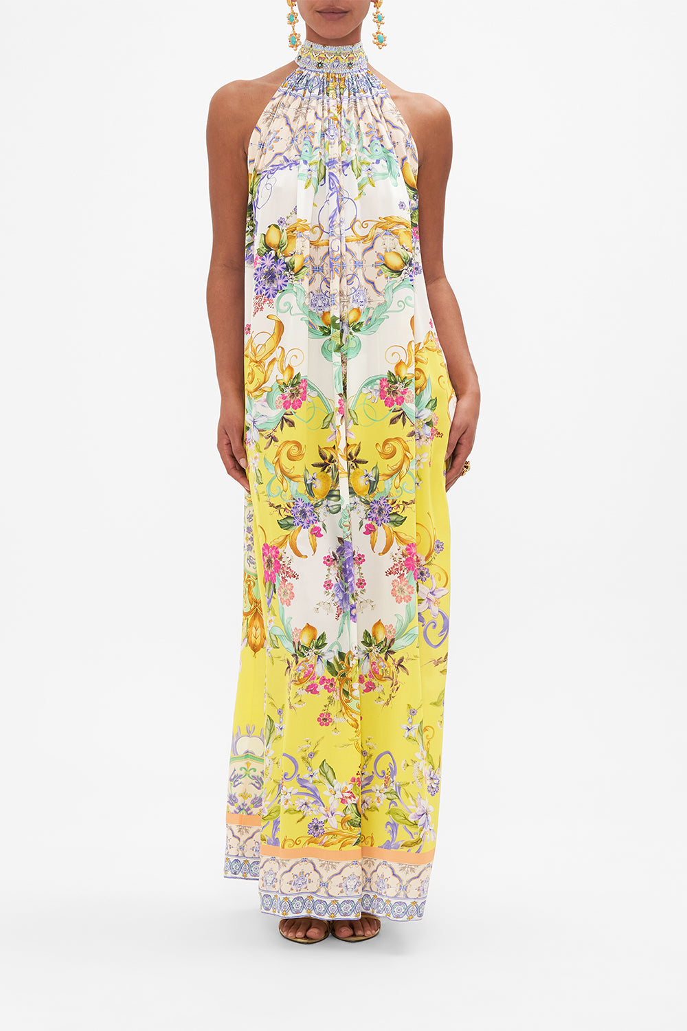 Front view of model wearing CAMILLA yellow silk maxi dress in Caterina Spritz print