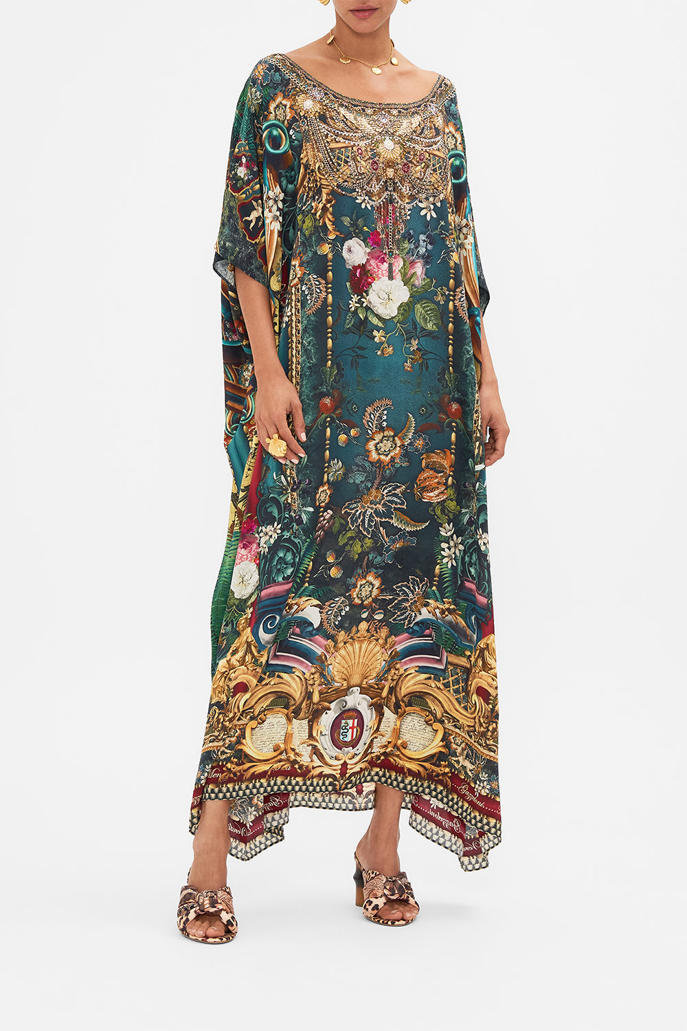 Front view of model wearing CAMILLA green silk kaftan in Verdis World print