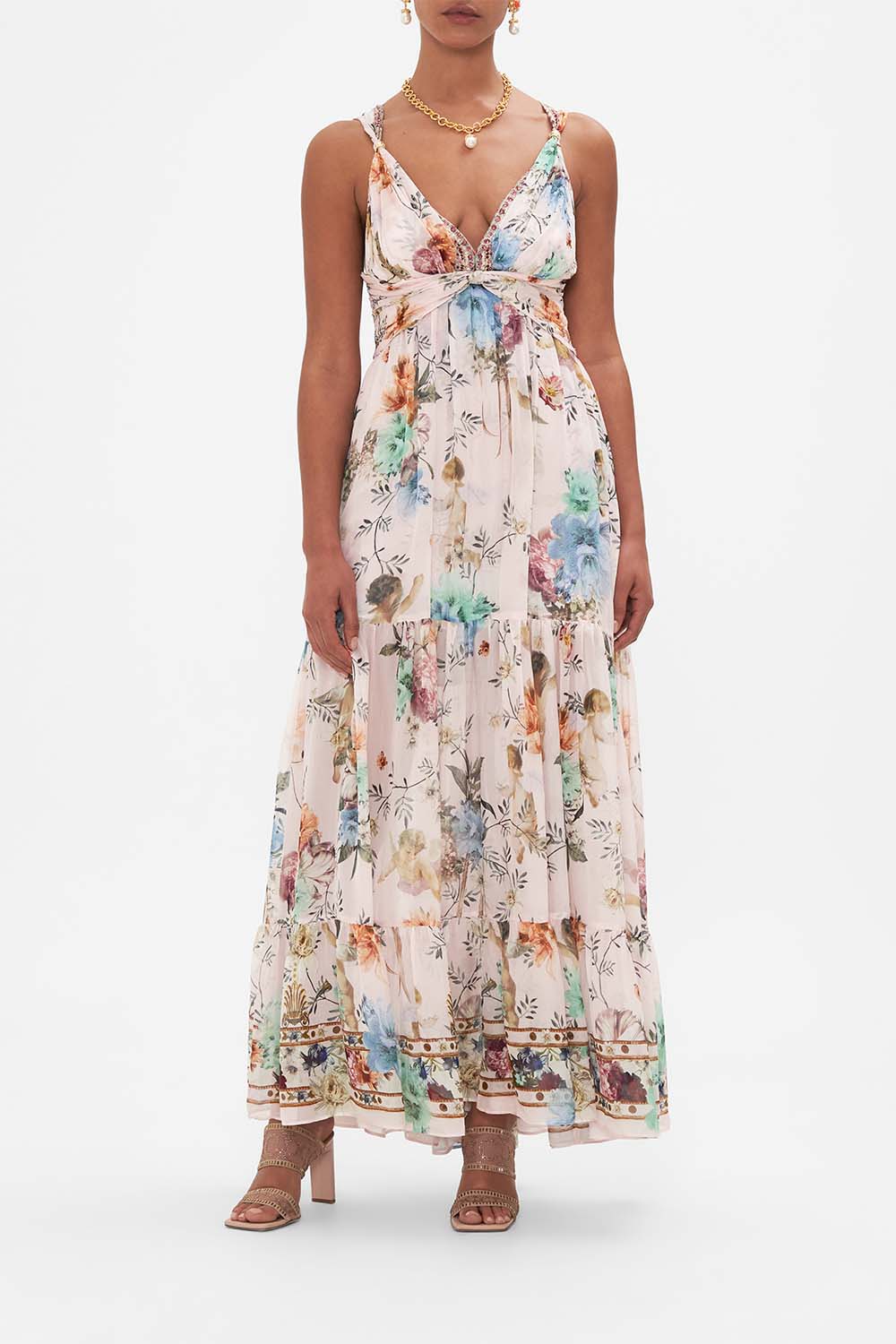 Front view of model wearing CAMILLA pink silk printed dress in Bambino Bliss print