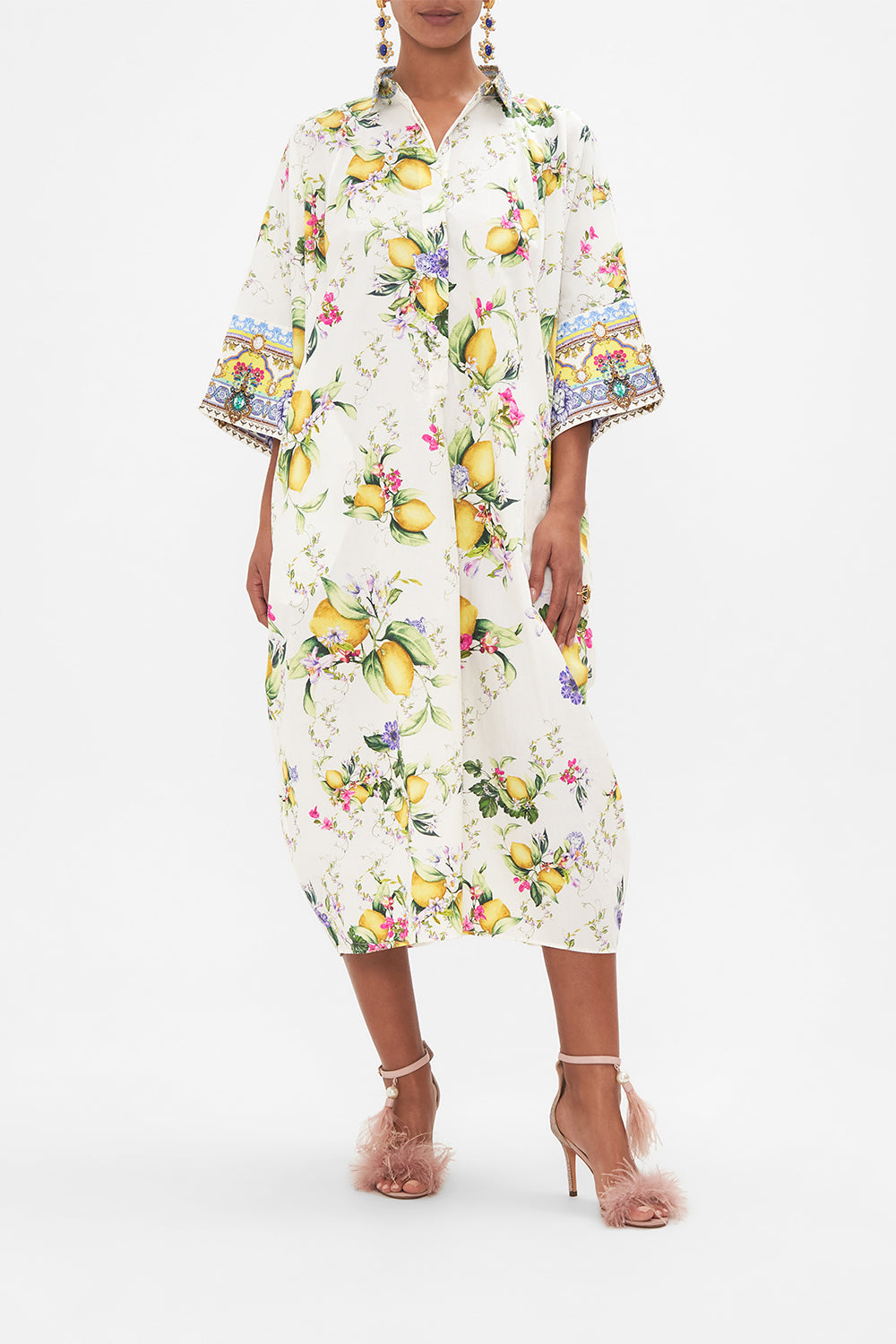 Front view of model wearing CAMILLA cotton kaftan Caterina Spritz print