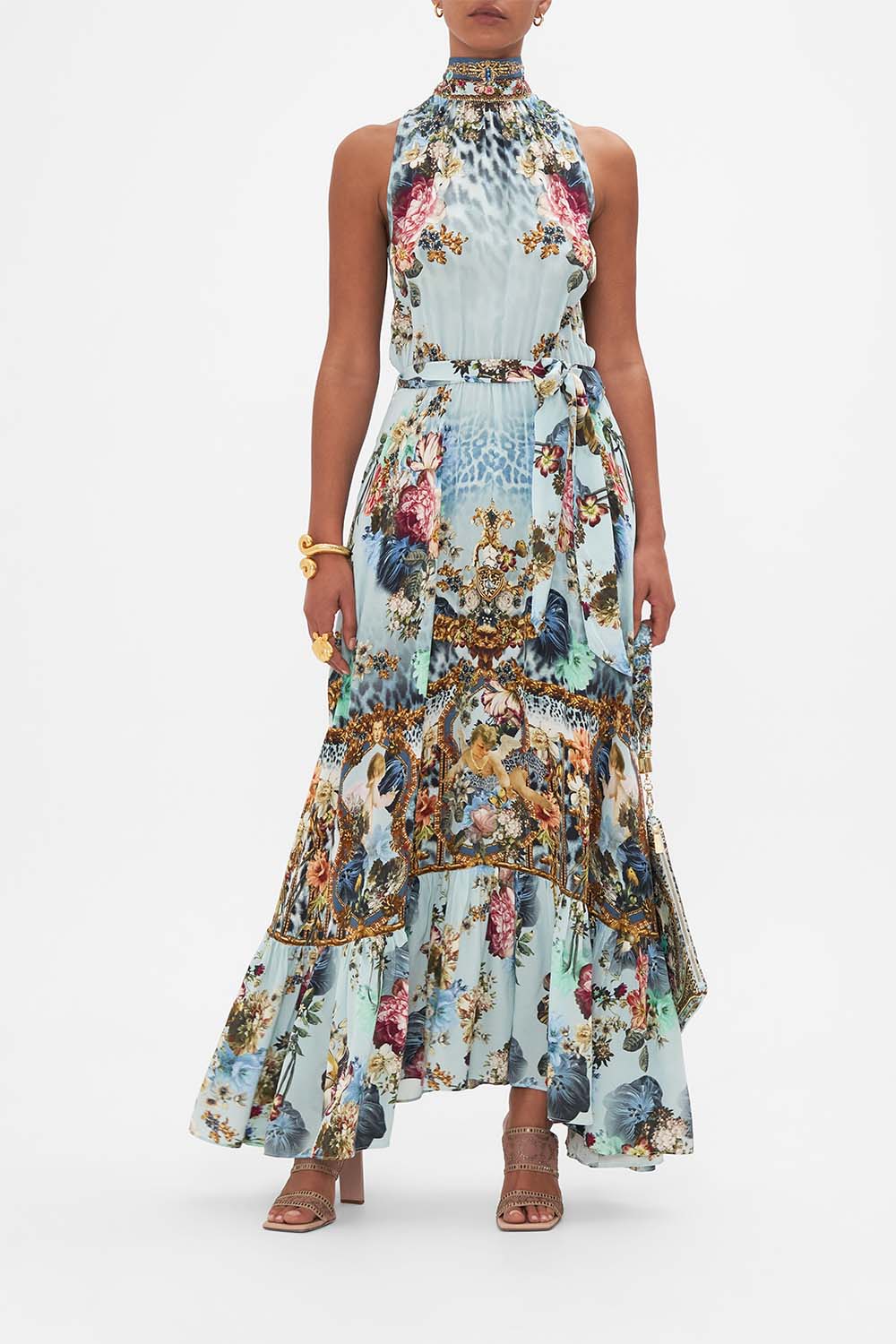 Front view of model wearing CAMILLA silk necktie dress in Letters To Leo print