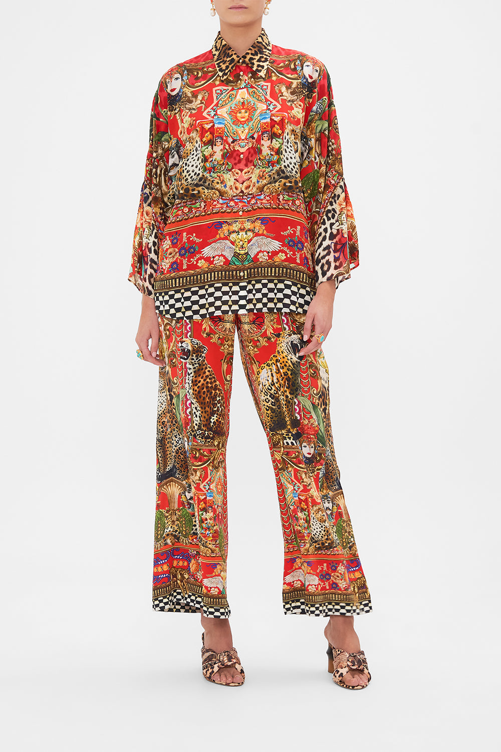 Front view of model wearing CAMILLA printed silk blouse in From Generation to Generation print