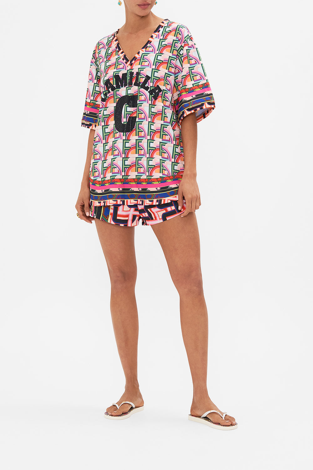 Front view of model wearing CAMILLA activewear tee in Ciao Bella print