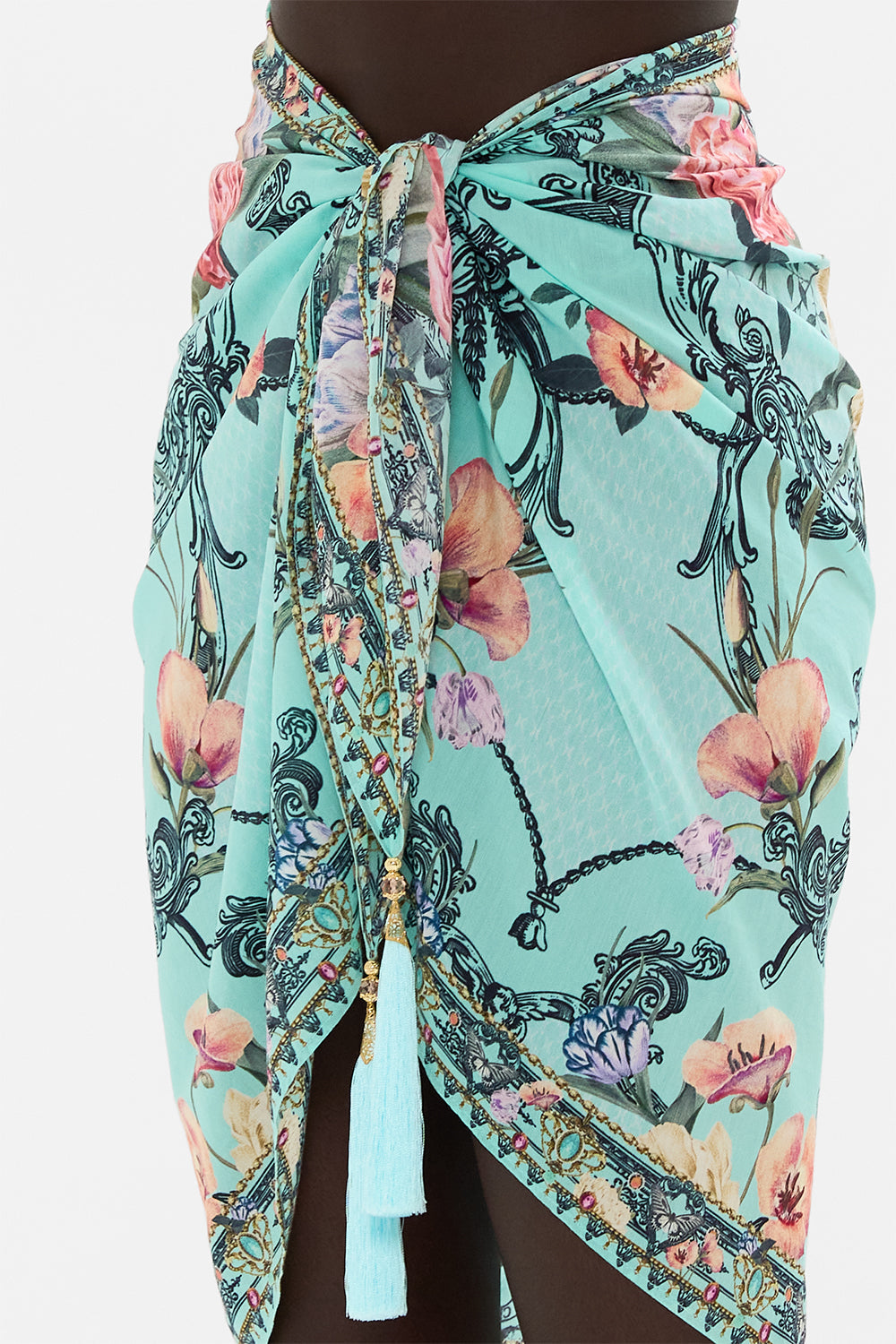 CAMILLA floral short tassel sarong in Petal Promise Land