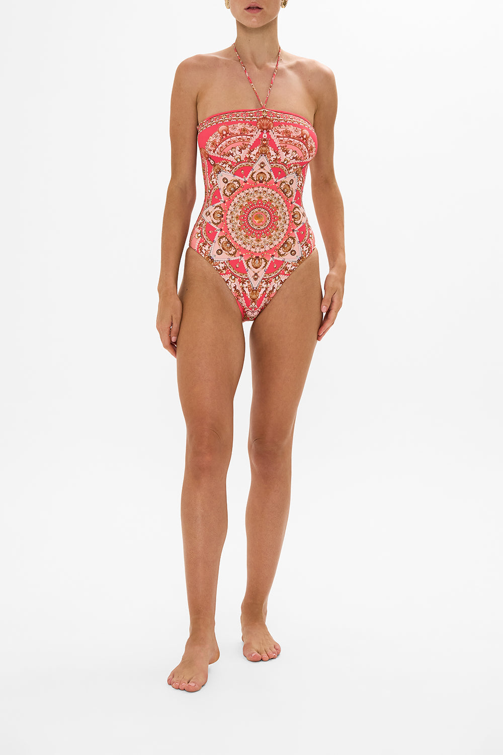 CAMILLA pink bandeau one piece with halter tie in Shell Games