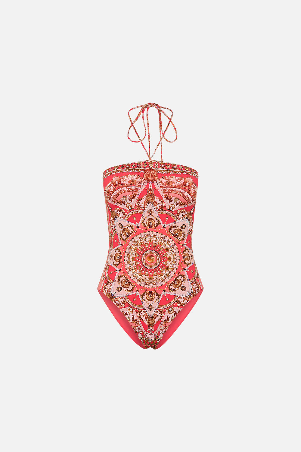 CAMILLA pink bandeau one piece with halter tie in Shell Games