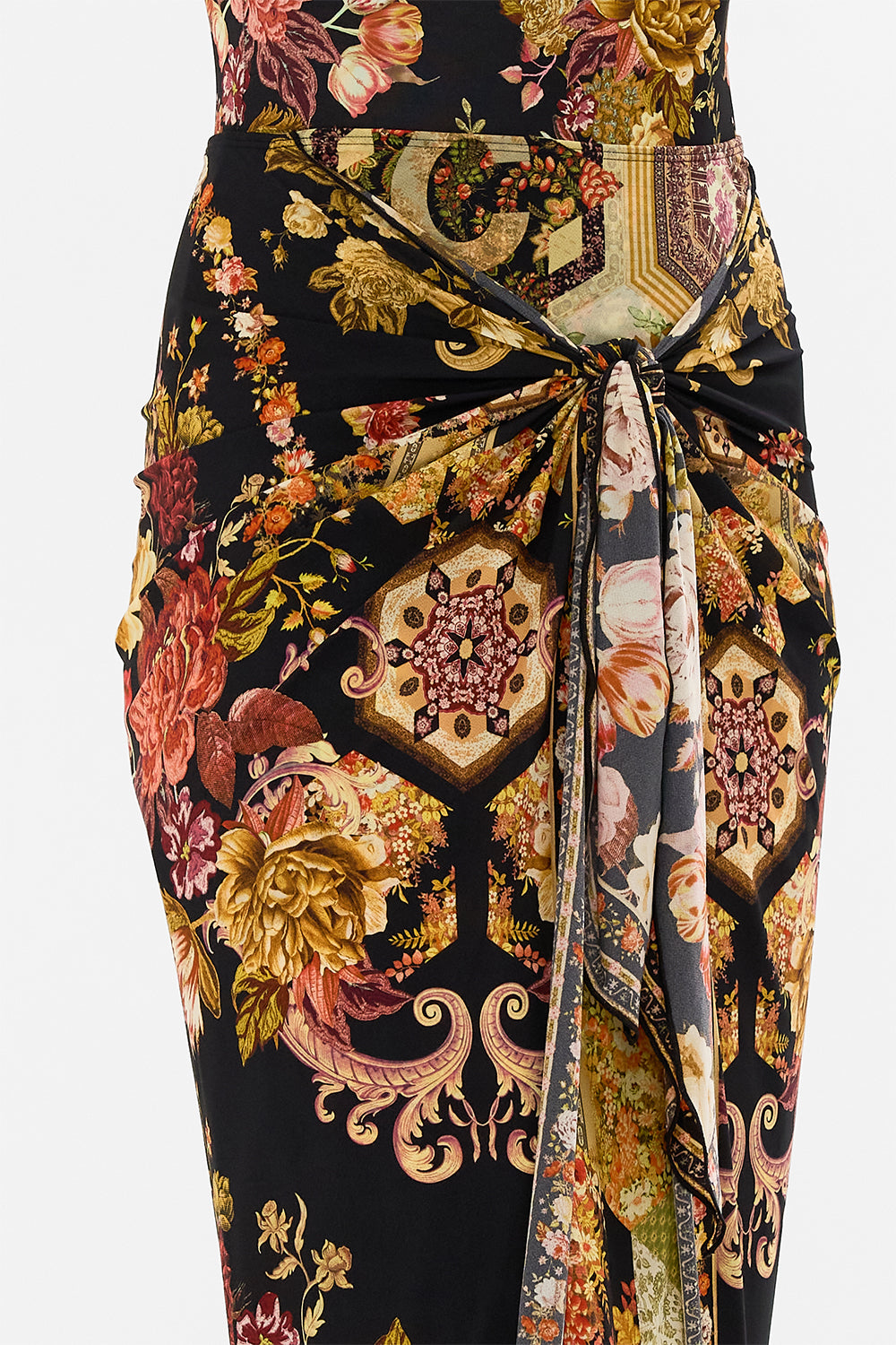 CAMILLA floral layered long sarong with front tie in Stitched in Time